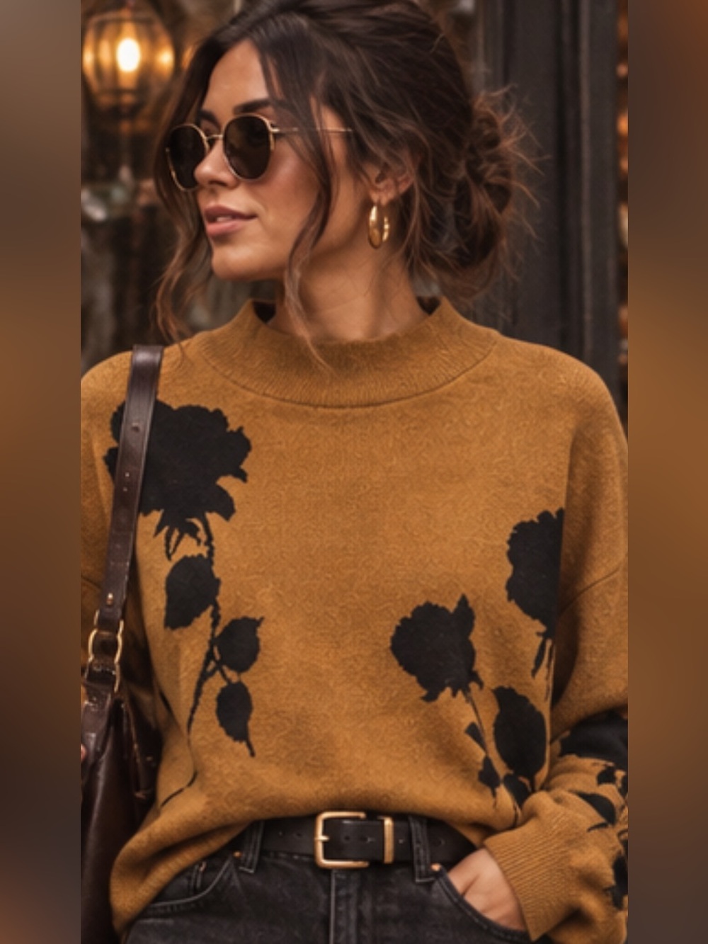 Anthropologie Beatrice Mustard Floral Fall Turtleneck Sweater 🍂🥀🤎